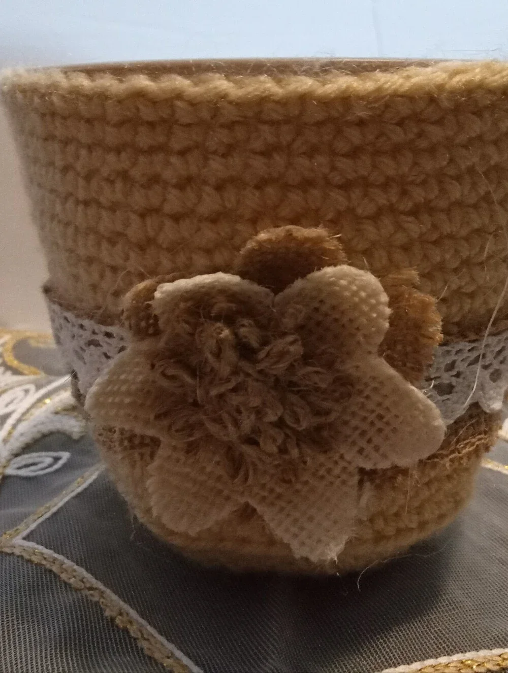 Hand Crocheted Neutral Tan Flower Pot with Decorative Burlap Trim